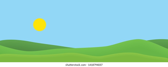 Realistic wide screen illustration of green grassy hills in summer landscape with blue sky with shining sun. Suitable as a holiday or travel advertisement - vector