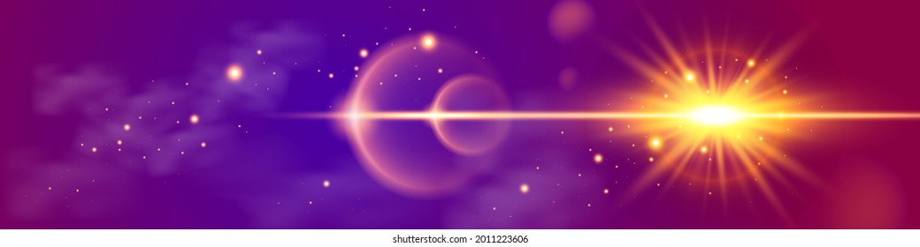 Realistic wide screen purple space with bright sun and stars. Illustration of an abstract starry sky universe. Vector deep cosmos background.