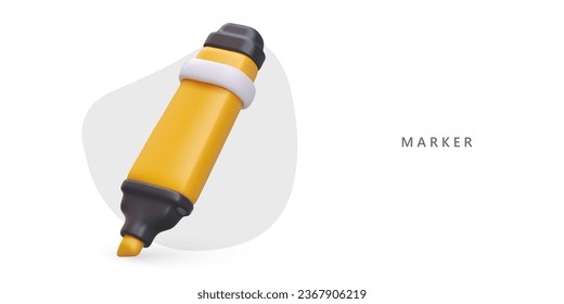 Realistic wide yellow marker. Highlighting main point in text. Colored modern stationery for office. Concept on white background. Place for text. Color banner template