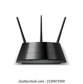Realistic Wi-Fi router with three antennas and lights for connecting internet cable. Wifi modem device for wireless connection. 3d vector illustration