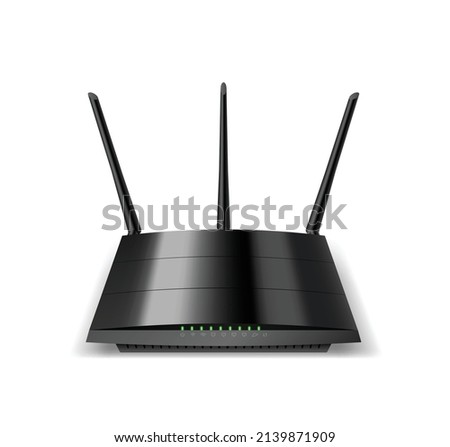 Realistic Wi-Fi router with three antennas and lights for connecting internet cable. Wifi modem device for wireless connection. 3d vector illustration
