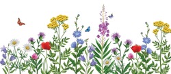 Realistic Wildflower Field With Colorful Flowers And Butterflies Vector Illustration