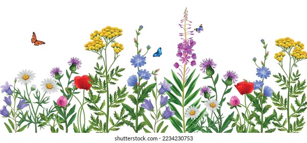 Realistic wildflower field with colorful flowers and butterflies vector illustration