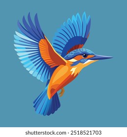 Realistic Wildlife Animal Vector Illustration kingfisher with electric blue and bright orange plumage, captured in mid-flight as it dives towards a body of water