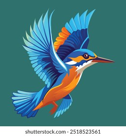 Realistic Wildlife Animal Vector Illustration kingfisher with electric blue and bright orange plumage, captured in mid-flight as it dives towards a body of water