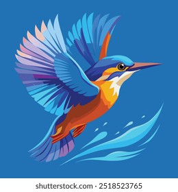 Realistic Wildlife Animal Vector Illustration kingfisher with electric blue and bright orange plumage, captured in mid-flight as it dives towards a body of water