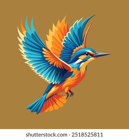 Realistic Wildlife Animal Vector Illustration kingfisher with electric blue and bright orange plumage, captured in mid-flight as it dives towards a body of water