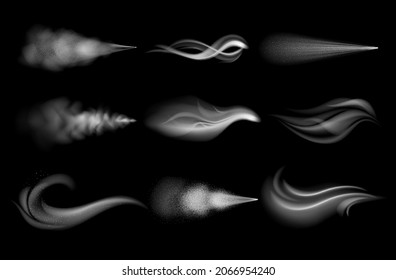 Realistic wind blow. 3D air spray and steam jet effect. Water vapor burst. Foggy cloud. Mist and haze graphic templates. Curve shapes of fume flow. Vector dust and smoke textures set