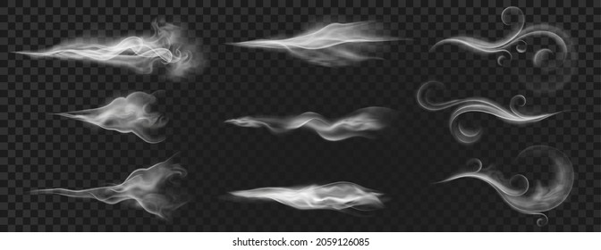 Realistic wind blow swirls, smoke air or hot steam. Curved flow waves, mist, aroma or perfume clouds effect. White blowing stream vector set. Cigarette or hookah fume or smog clouds