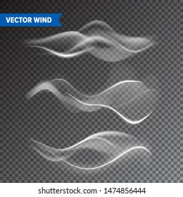 Realistic Wind Set on Transparent Background. Vector Vapor in Air, Smoke Steam Flow. Fog, Mist Effect.