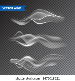Realistic Wind Set on Transparent Background. Vector Vapor in Air, Smoke Steam Flow. Fog, Mist Effect.