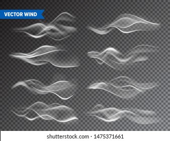 Realistic Wind Set on Transparent Background. Vector Vapor in Air, Smoke Steam Flow. Fog, Mist Effect.