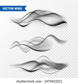 Realistic Wind Set on Transparent Background. Vector Vapor in Air, Smoke Steam Flow. Fog, Mist Effect.