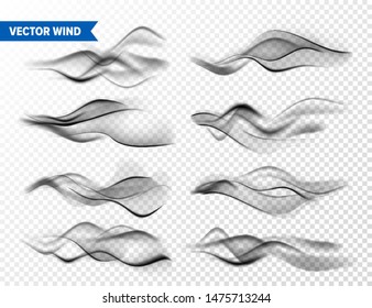 Realistic Wind Set on Transparent Background. Vector Vapor in Air, Smoke Steam Flow. Fog, Mist Effect.