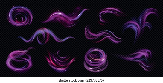 Realistic wind swirls neon color set of isolated air puffs with violet and purple colored particles vector illustration