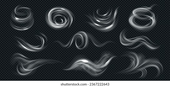 Realistic wind swirls set with monochrome images of smoke wisps of different shape on transparent background vector illustration