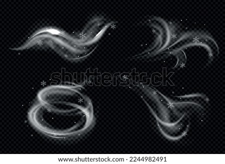Realistic wind swirls snow set of isolated air stream images with white puffs and shiny snowflakes vector illustration