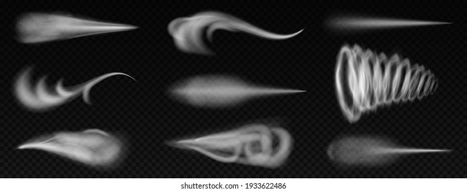 Realistic wind trails. Dust spray and smoky stream and wind blowing trails, smoky stream. Flow curved shapes vector illustration set. Air fog or blast isolated collection, flying smoke