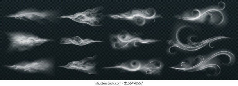 Realistic wind trails, dust spray, and smoky streams with curved flow shapes. Vector illustration of air fog and blast effects, isolated on a transparent background