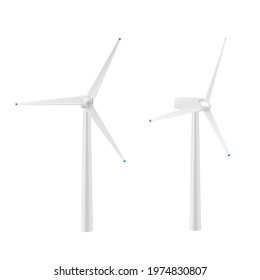 Realistic wind turbine generator vector illustration. Set alternative renewable power generation or green energy front angle isometric. Windmill with white vanes isolated. Eco friendly aerogenerator