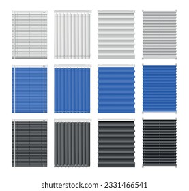 Realistic window blinds set with isolated white blue and black drawn blinds design of various shape vector illustration