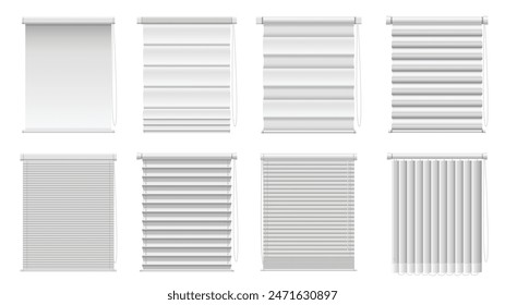 Persianas y persianas realistas. Cubiertas de ventana conjunto de persianas de rodillo, venecianas y de Vertical, Ilustración vectorial aislada de tonos romanos y plisados