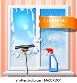 Realistic window cleaning poster with squeegee scraper, detergent spray bottle on background of clean window with blue sky. Vector household chores product design.