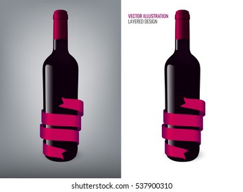 Realistic wine bottle illustration with ribbons for your text. Vector illustration. Layered design.