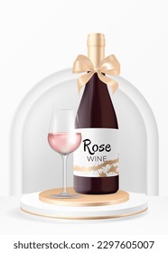 Realistic Wine Bottle on Pedestal Mockup Vector Illustration for Advertising and Promotion. Perfect for Wine Tasting, Events, Restaurants and Bars. Podium Showroom for Product Placement. Rose Wine 