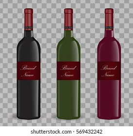 Realistic wine bottle set. Isolated on white background. 3d glass bottles mock-up. Vector illustration