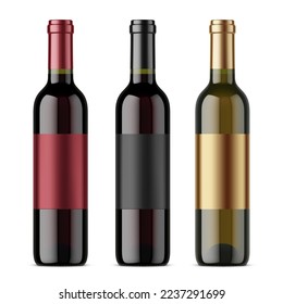 Realistic wine bottles with blank labels. Template mockup for advertising design. Vector glass bottles for alcohol beverages, red and white grape wine drinks