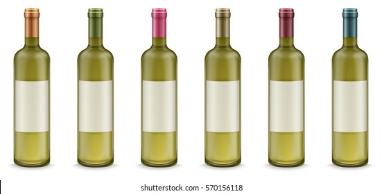 Realistic wine bottles with label in different colors set. Vector illustration