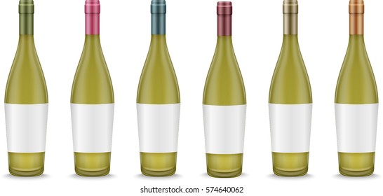 Realistic wine bottles with label in different colors set. Vector illustration