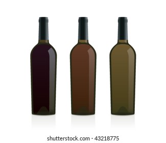 realistic wine bottles made of olive glass (red, pink and white)