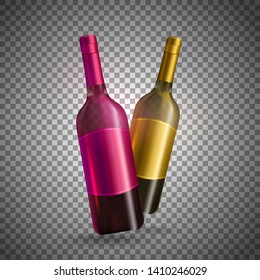 Realistic wine bottles in pink and golden color on transparent background.