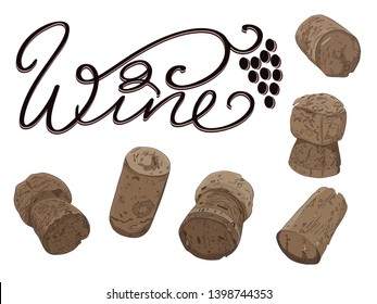 realistic wine corks with lettering wine  vector isolated set