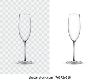 Realistic wine glasses, champagne flute, vector illustration isolated on white and transparent background. Mock up, template of glassware for alcoholic drinks