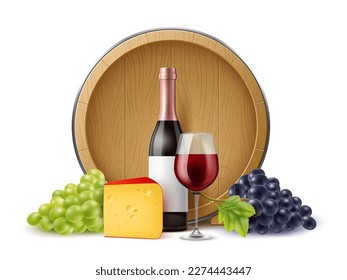 Realistic wine grape composition. Still life on wooden barrel background, noble alcoholic drink, grapes and snacks, cheese and berries, wineglass with beverage, utter vector isolated concept