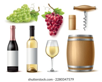 Realistic wine. Noble alcoholic beverage elements, juicy grape clusters, different varieties, corkscrew, cork and wooden barrel and wineglass, 3d isolated elements, utter vector set