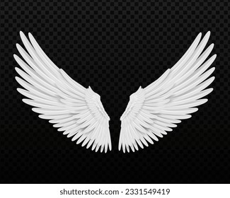 Realistic wings. Angel wings. White isolated pair of falcon wings, 3D bird wings design template.