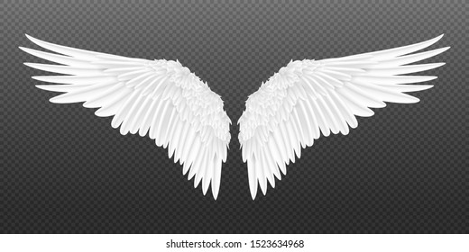 Realistic wings. Pair of white isolated angel style wings with 3D feathers on transparent background. Vector illustration bird wings design