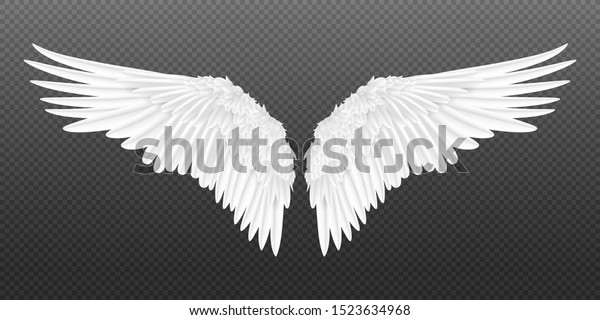 Realistic wings. Pair of white isolated angel\
style wings with 3D feathers on transparent background. Vector\
illustration bird wings\
design
