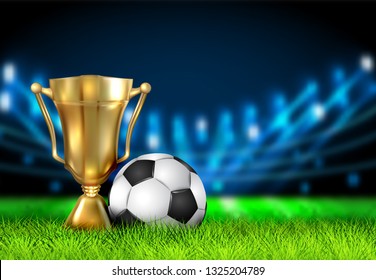 Realistic winner cup and soccer ball isolated on field stadium. Prize for champions in the form of a golden bowl. Football Award. Gold Winner Trophy Cup for 1st Place. Sport Banner Background. EPS 10