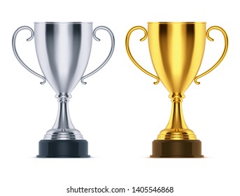 Realistic winner golden trophy and 3d silver runner-up cup. Prize for sport competition or winning ceremony at race, soccer event. Icon for reward or achievement, bowl or goblet design. Game theme