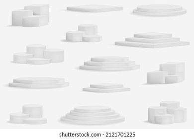 Realistic winner podium. 3D round and square stages. Stepped exhibition or award ceremony platforms set. Showroom pedestals, floor stage platform vector isolated mockup