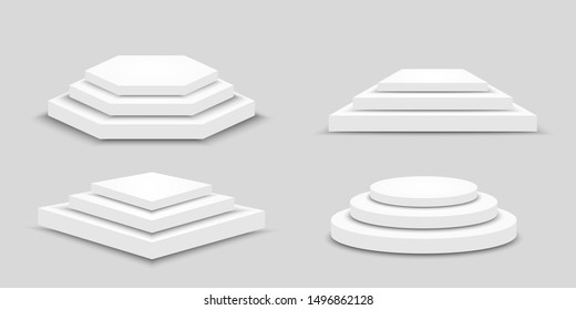 Realistic winner podiums set with blank pedestals of hexagon square round and diamond shapes. Isolated vector illustration
