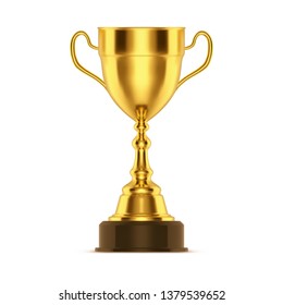 Realistic winner trophy or 3d cup for sport competition. Golden or gold award for champion, race or soccer contest. Metal trophy or bowl for leader. Isolated celebration ceremony reward icon. Victory