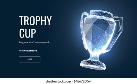 Realistic winner trophy. Polygonal wireframe composition. Concept of gold award for champion. Polygonal abstract  isolated on blue background.Particles are connected in a geometric silhouette. Vector