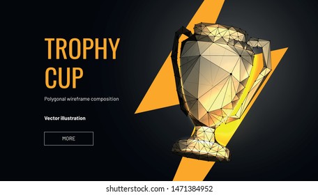 Realistic winner trophy. Polygonal wireframe composition. Concept of gold award for champion. Polygonal abstract  isolated on black background.Particles are connected in a geometric silhouette. Vector