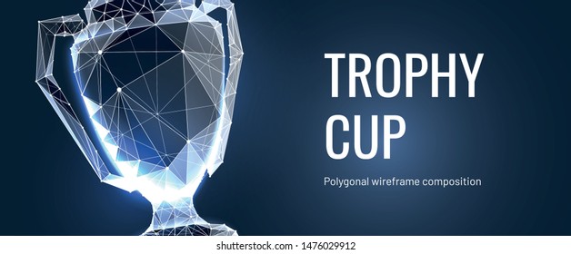 Realistic winner trophy. Polygonal wireframe composition. Concept of gold award for champion. Polygonal abstract  isolated on blue background.Particles are connected in a geometric silhouette. Vector